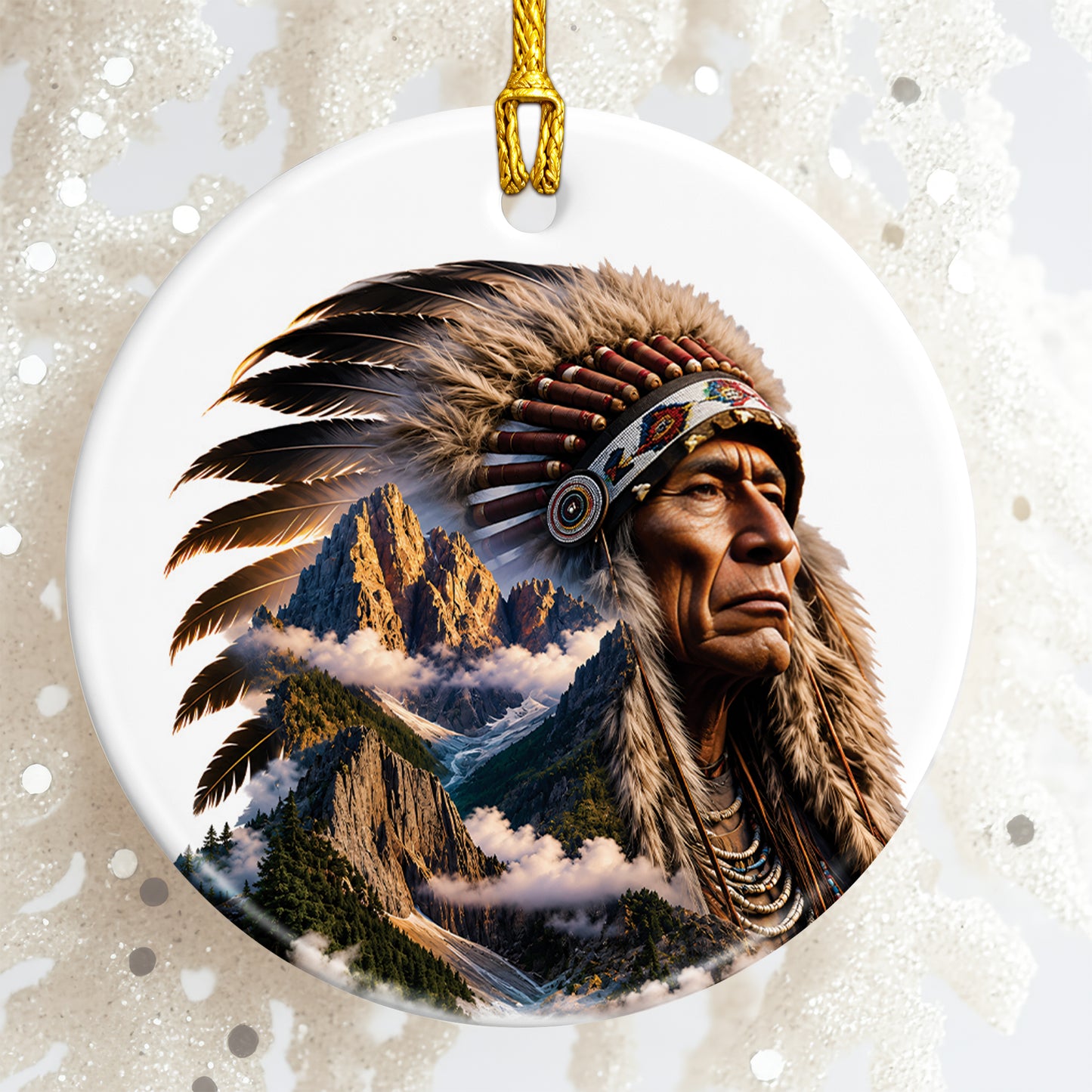 Native American Mountain Warrior Christmas Ornament – Indigenous Spirit Ceramic Holiday Hanging Decor
