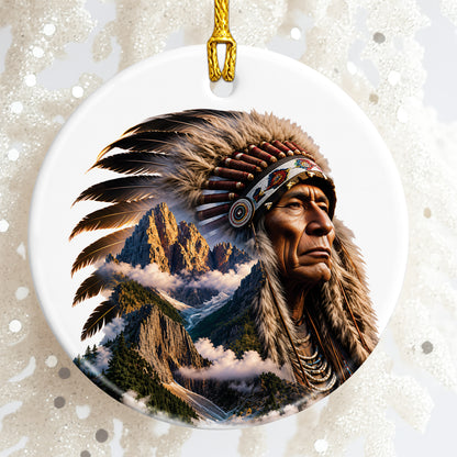 Native American Mountain Warrior Christmas Ornament – Indigenous Spirit Ceramic Holiday Hanging Decor