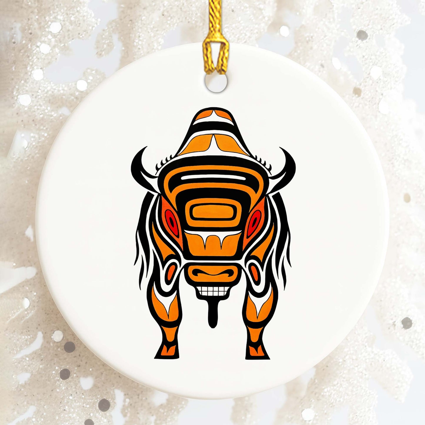 Native Bison Spirit Ceramic Ornament - Indigenous Tribal Art for Holiday Decor