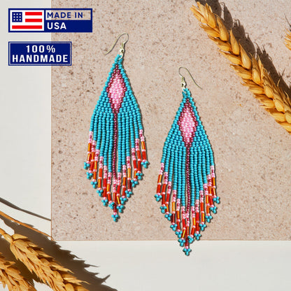 Turquoise Blue Seed Pattern Beaded Handmade Earrings For Women