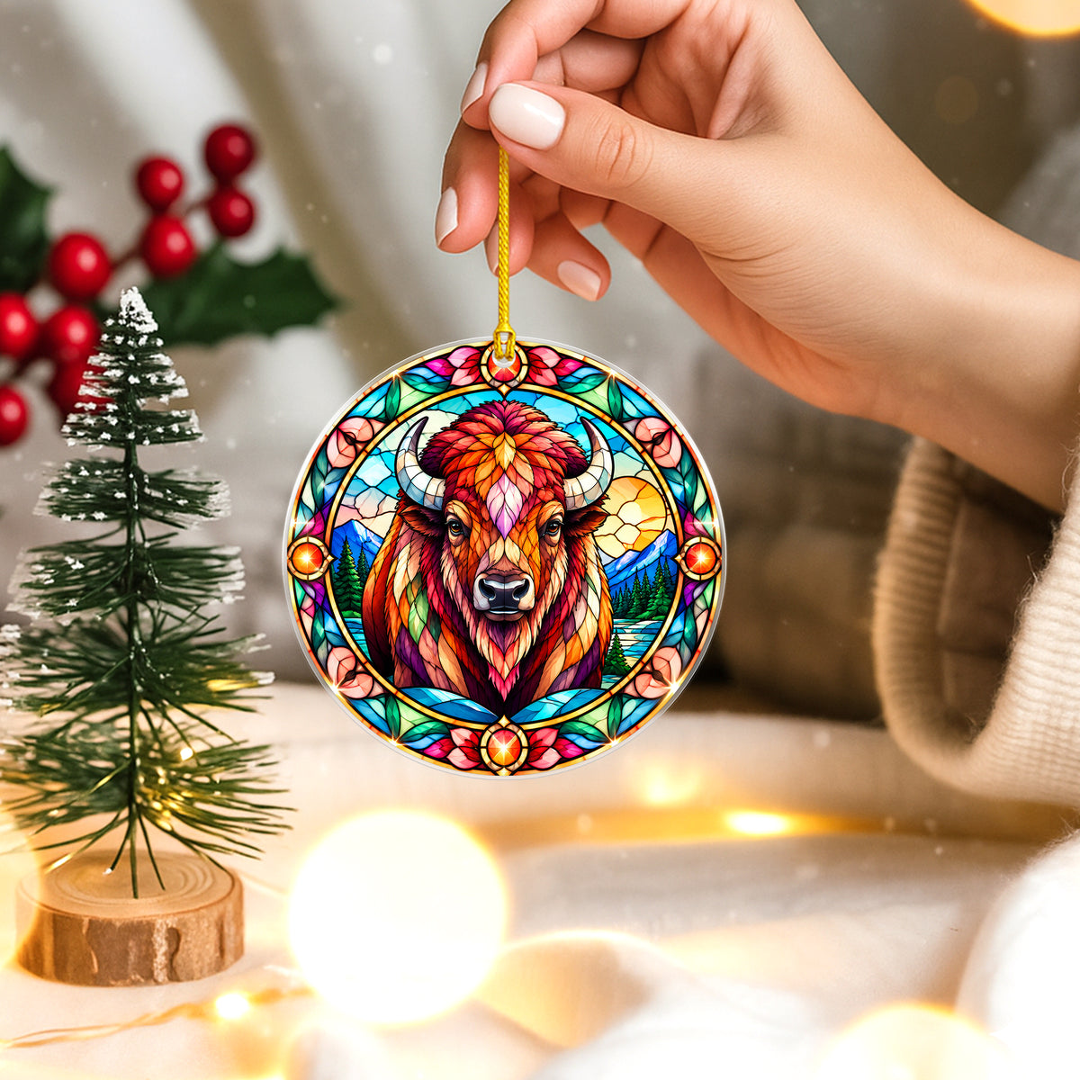Buffalo Acrylic Ornament Stained Glass Style Christmas Decor