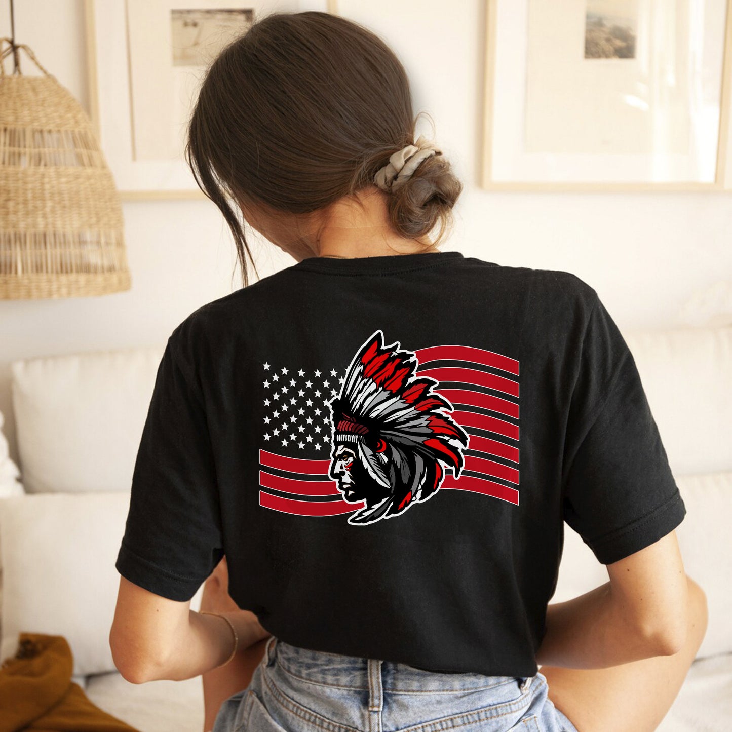 Native American Flag Tribal Chief Head with USA Flag Graphic - Two sides - Unisex T-Shirt/T-Shirt V-Neck/Hoodie/Sweatshirt