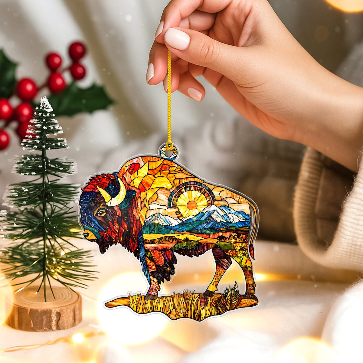 Stained Glass Bison Acrylic Ornament - Holiday Tree Decor