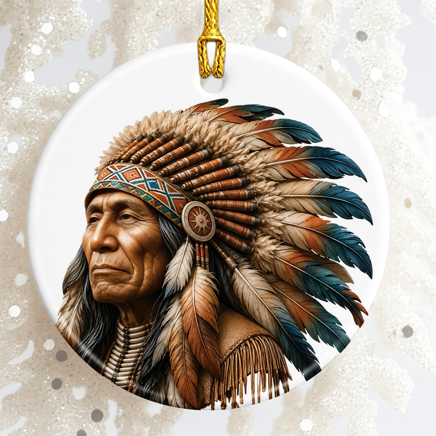 Native American Chief Portrait Christmas Ornament – Tribal Heritage Ceramic Holiday Tree Decoration