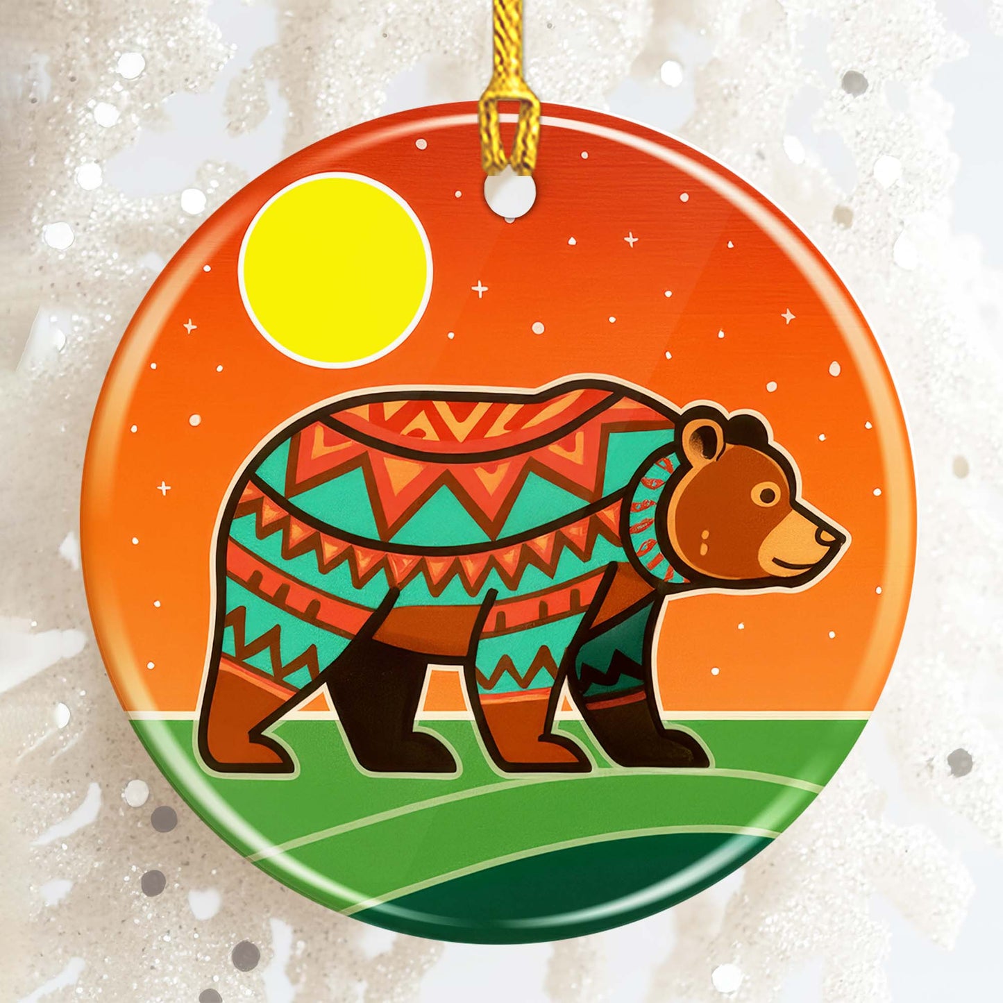 Tribal Bear Ceramic Ornament - Indigenous Inspired for Holiday Decor