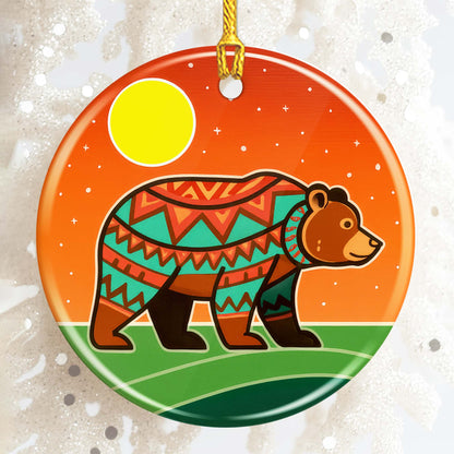 Tribal Bear Ceramic Ornament - Indigenous Inspired for Holiday Decor