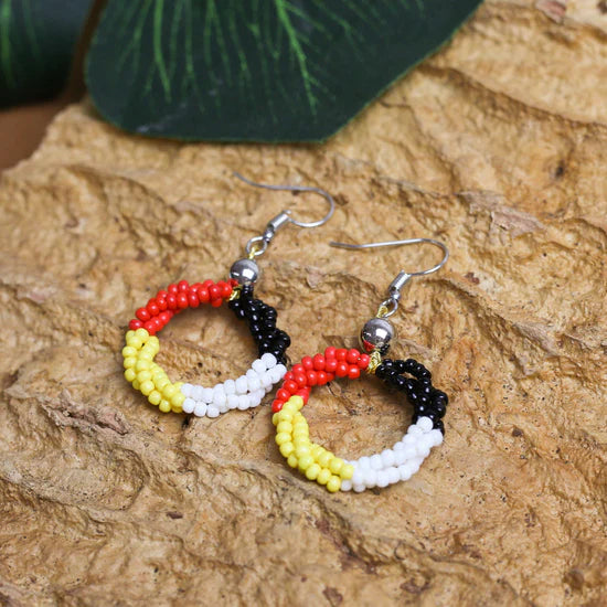Beaded Circle Earrings – Red, Black, and Yellow