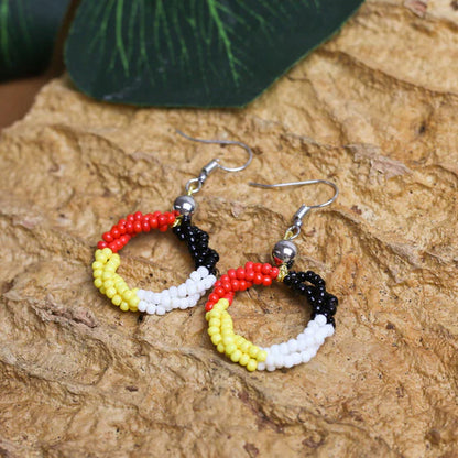 Beaded Circle Earrings – Red, Black, and Yellow