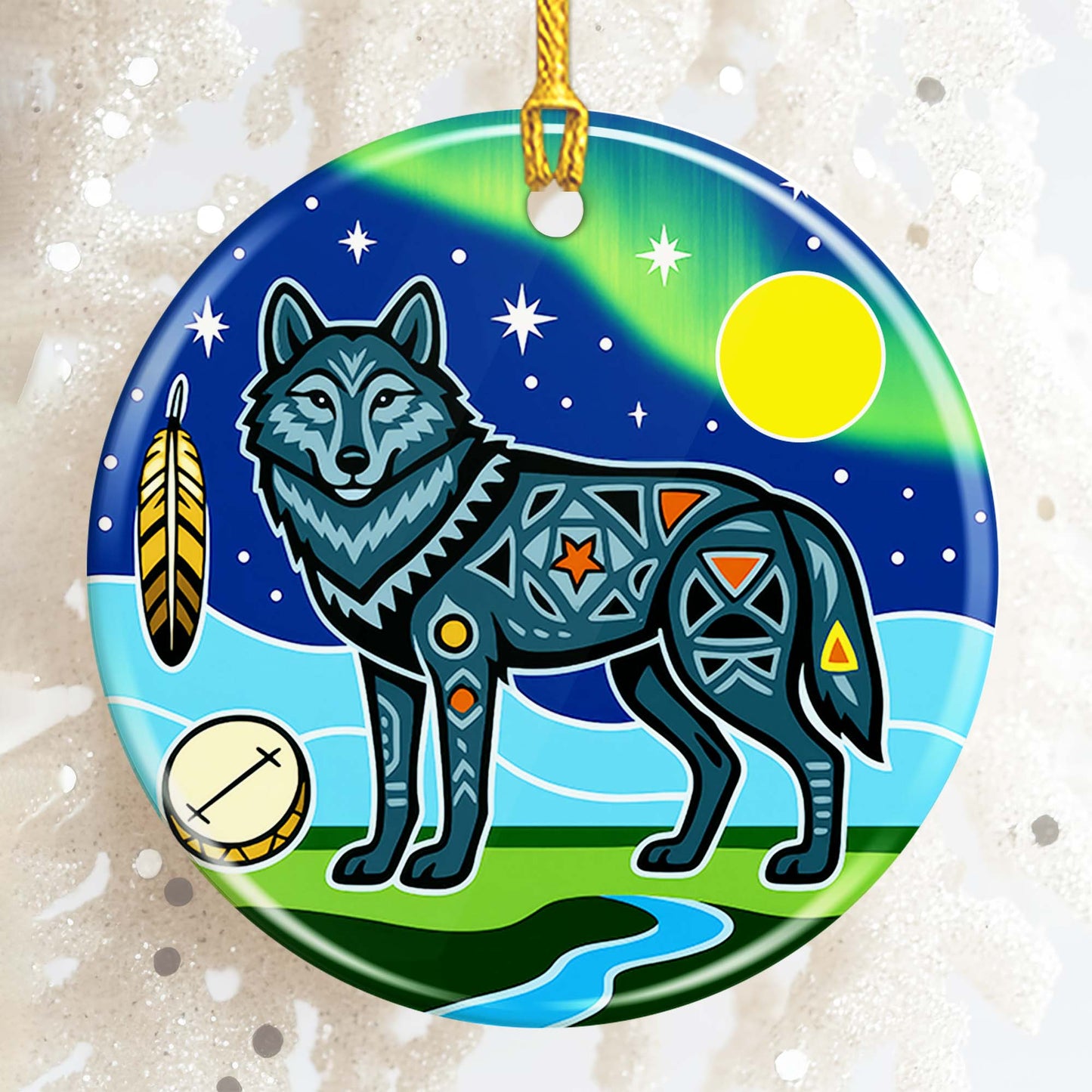 Tribal Wolf Ceramic Ornament - Indigenous Inspired for Holiday Decor