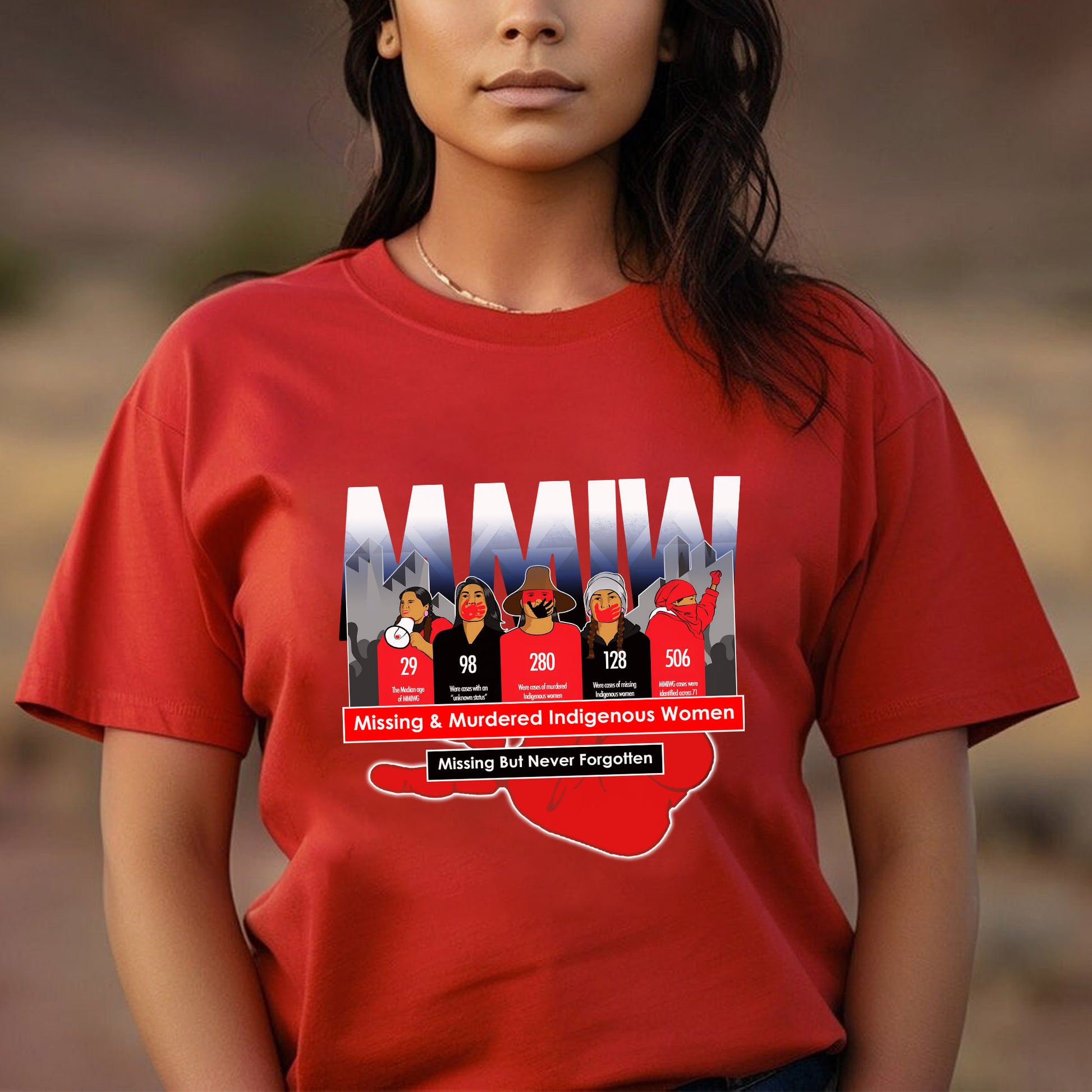 a woman wearing a red t - shirt with the words mmmm on it