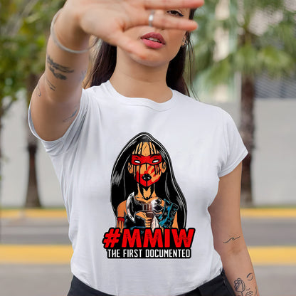 a woman wearing a t - shirt that says mmw the first documented