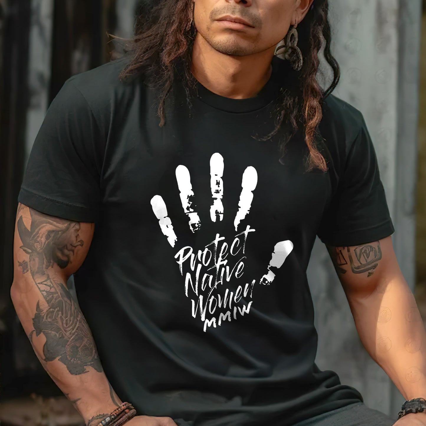 a man with long hair wearing a black shirt