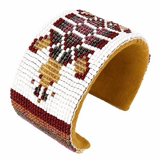 Brown White Turtle Hard Cuff Wide Leather Beaded Handmade Bracelet
