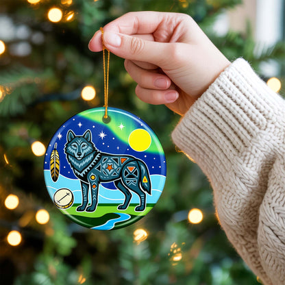 Tribal Wolf Ceramic Ornament - Indigenous Inspired for Holiday Decor