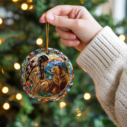 Bear And Woman Stained Glass Ceramic Christmas Ornament Holiday Decor