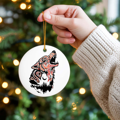 Native Wolf Ceramic Ornament - Indigenous Tribal Art for Holiday Decor