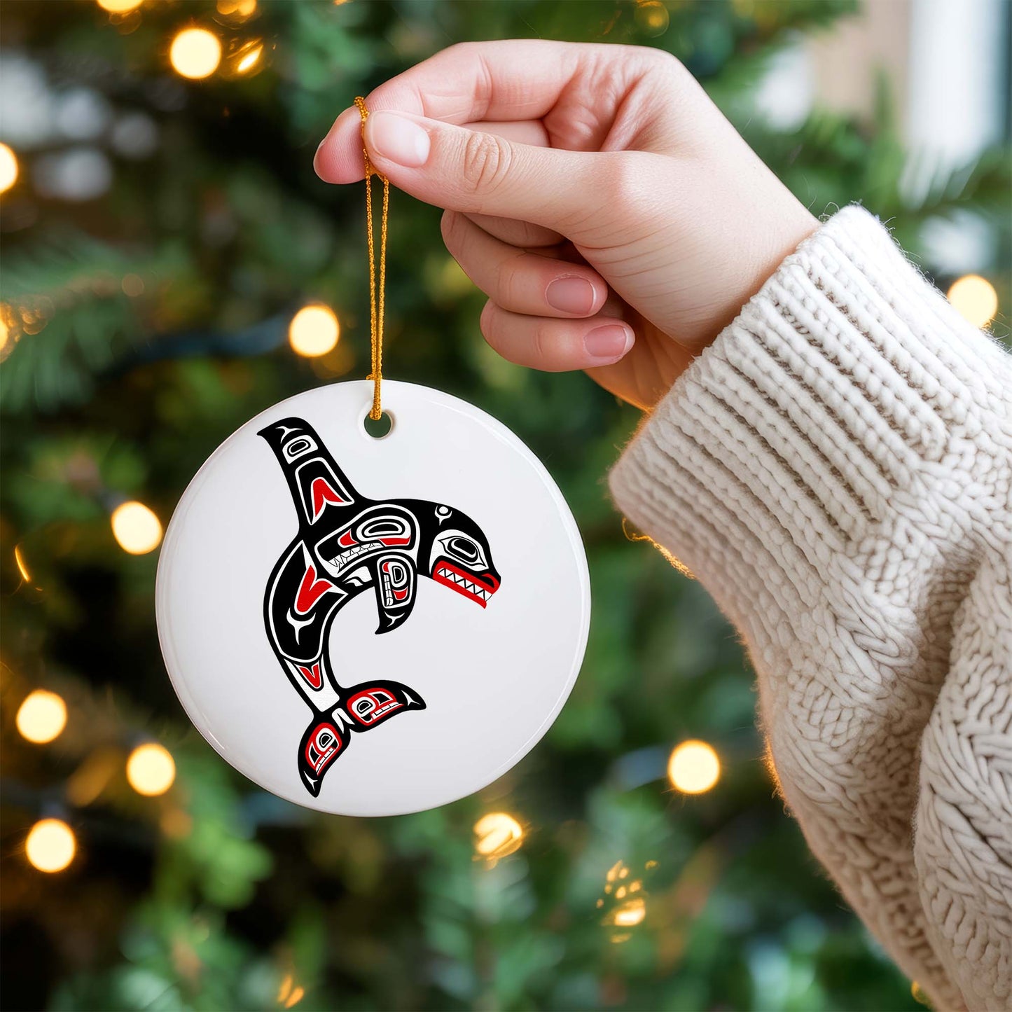 Tribal Orca Whale Ceramic Ornament - Unique Native Art for Holiday Decor