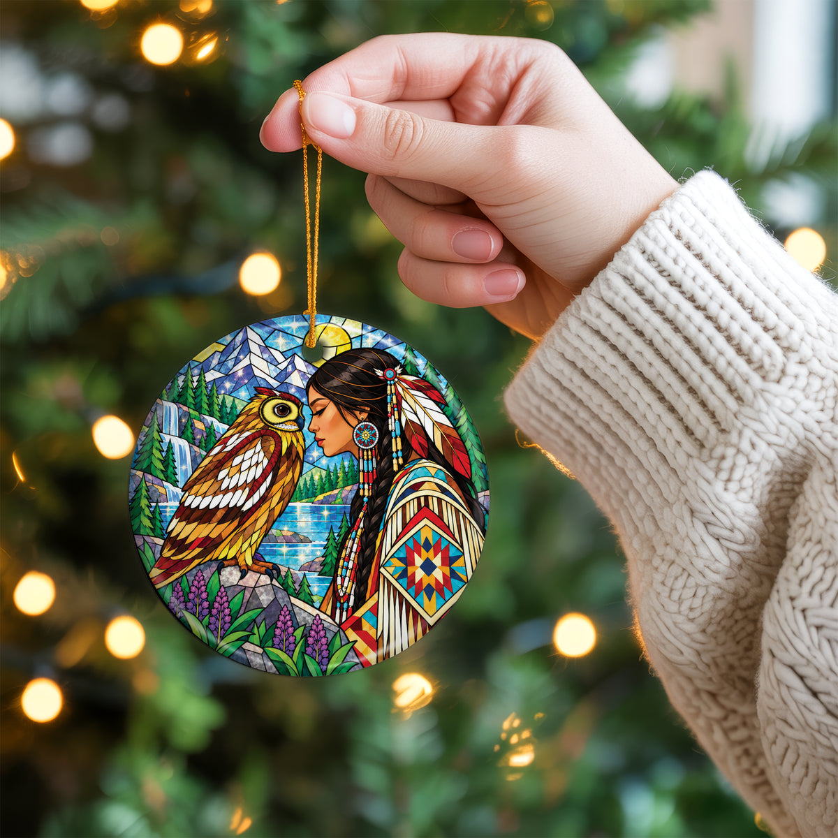 Owl And Woman Stained Glass Ceramic Christmas Ornament Holiday Decor