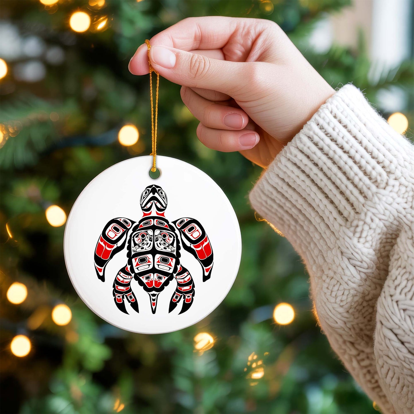 Native Turtle Ceramic Ornament - Indigenous Tribal Art for Holiday Decor