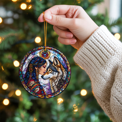 Wolf And Woman Stained Glass Ceramic Christmas Ornament Holiday Decor