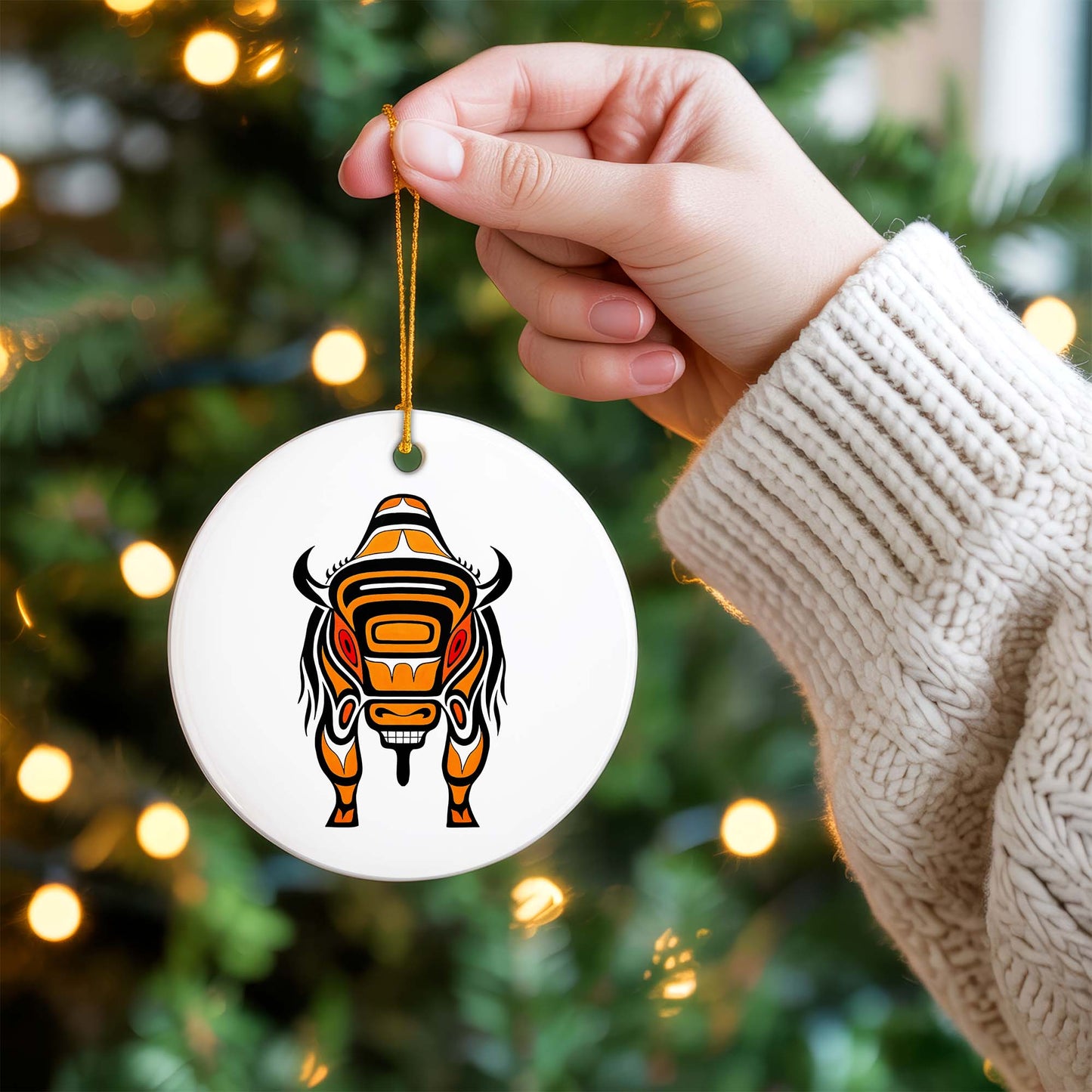 Native Bison Spirit Ceramic Ornament - Indigenous Tribal Art for Holiday Decor