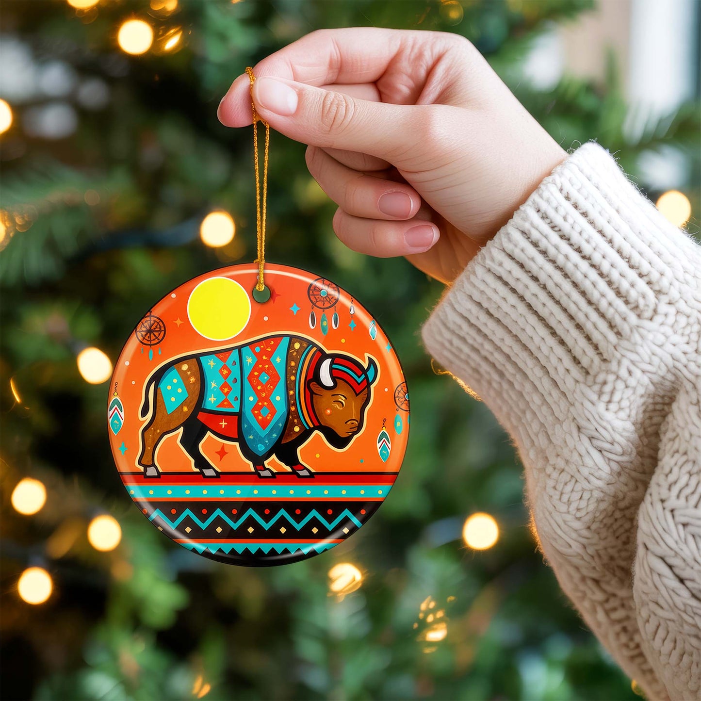 Tribal Bison Ceramic Ornament - Indigenous Inspired for Holiday Decor