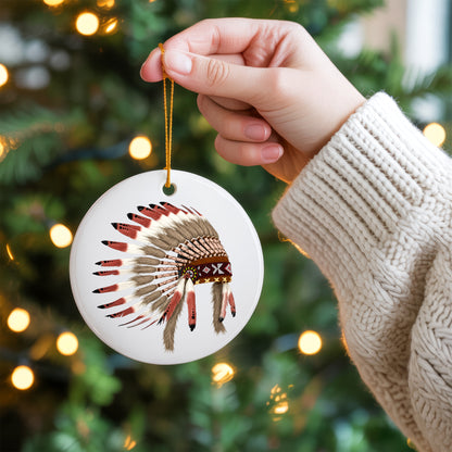 Native Chief Headdress Ceramic Ornament – Tribal Heritage Christmas Tree Decor