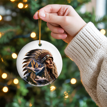 Native American Mountain Warrior Christmas Ornament – Indigenous Spirit Ceramic Holiday Hanging Decor