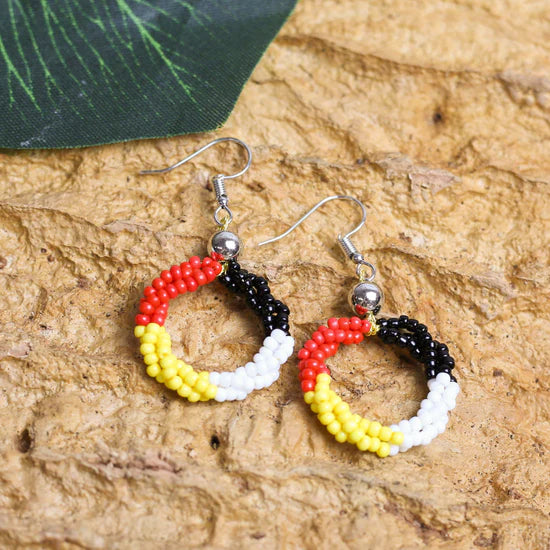 Beaded Circle Earrings – Red, Black, and Yellow