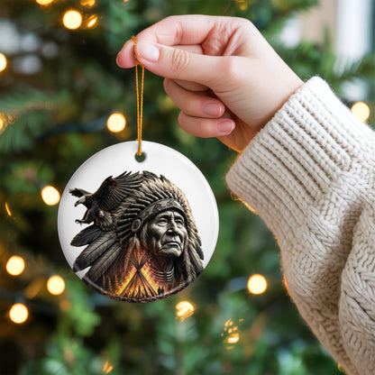 Native American Chief & Eagle Christmas Ornament – Indigenous Heritage Ceramic Hanging Decoration