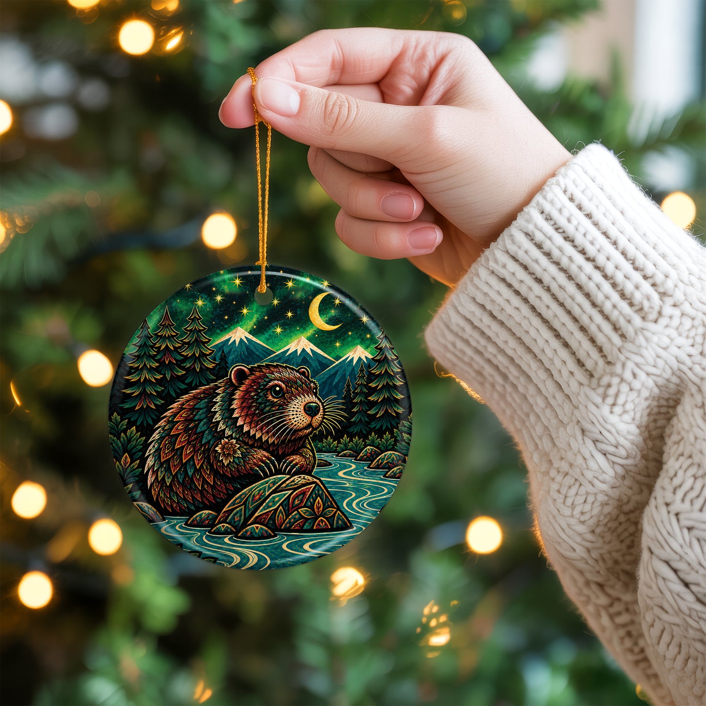 Native Inspired Beaver Ceramic Ornament, Indigenous Style Wildlife Holiday Decor