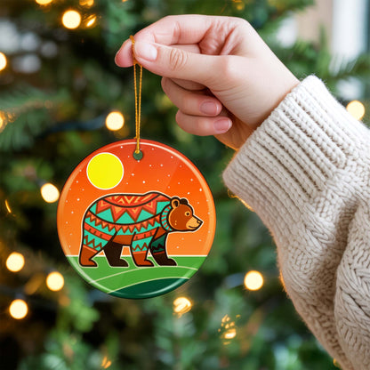 Tribal Bear Ceramic Ornament - Indigenous Inspired for Holiday Decor