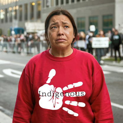 a woman wearing a red shirt with a hand painted on it