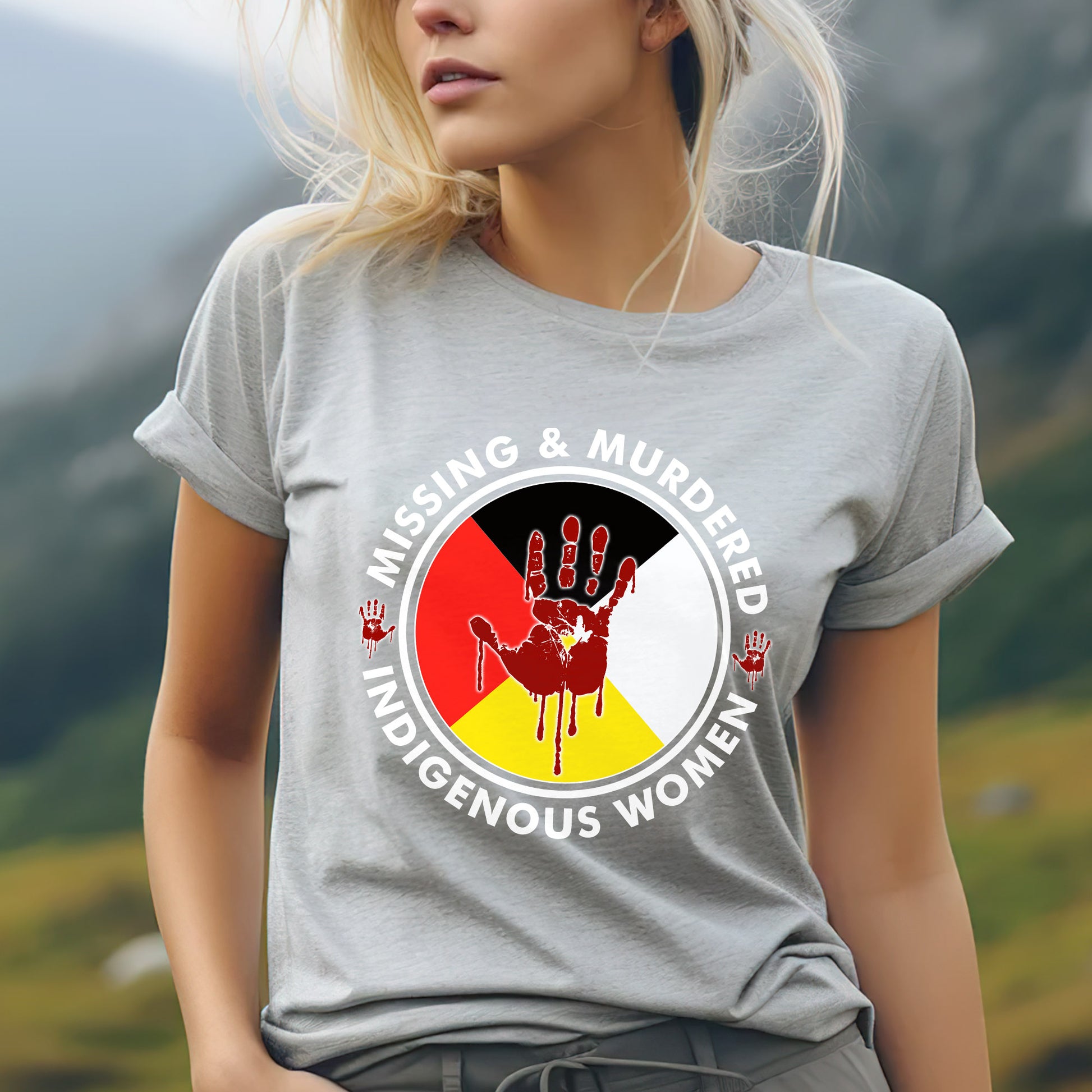 a woman wearing a t - shirt that says missing and murdered indigenous women