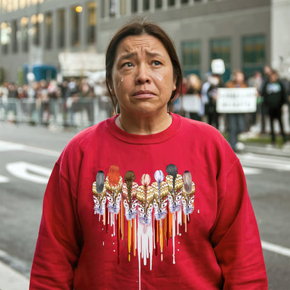 a woman in a red shirt is standing on the street