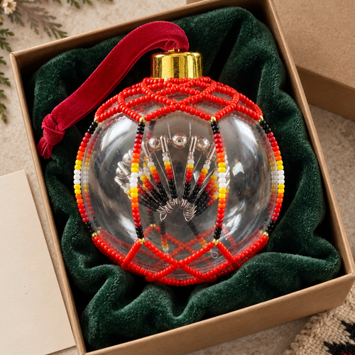 Red Beaded Christmas Ornament - Handmade Native Decor