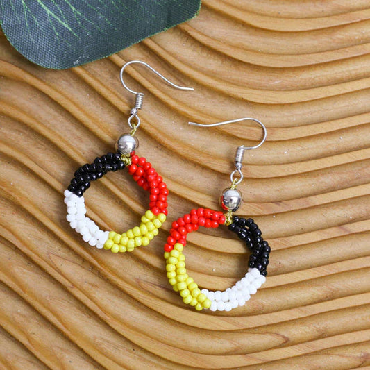 Beaded Circle Earrings – Red, Black, and Yellow