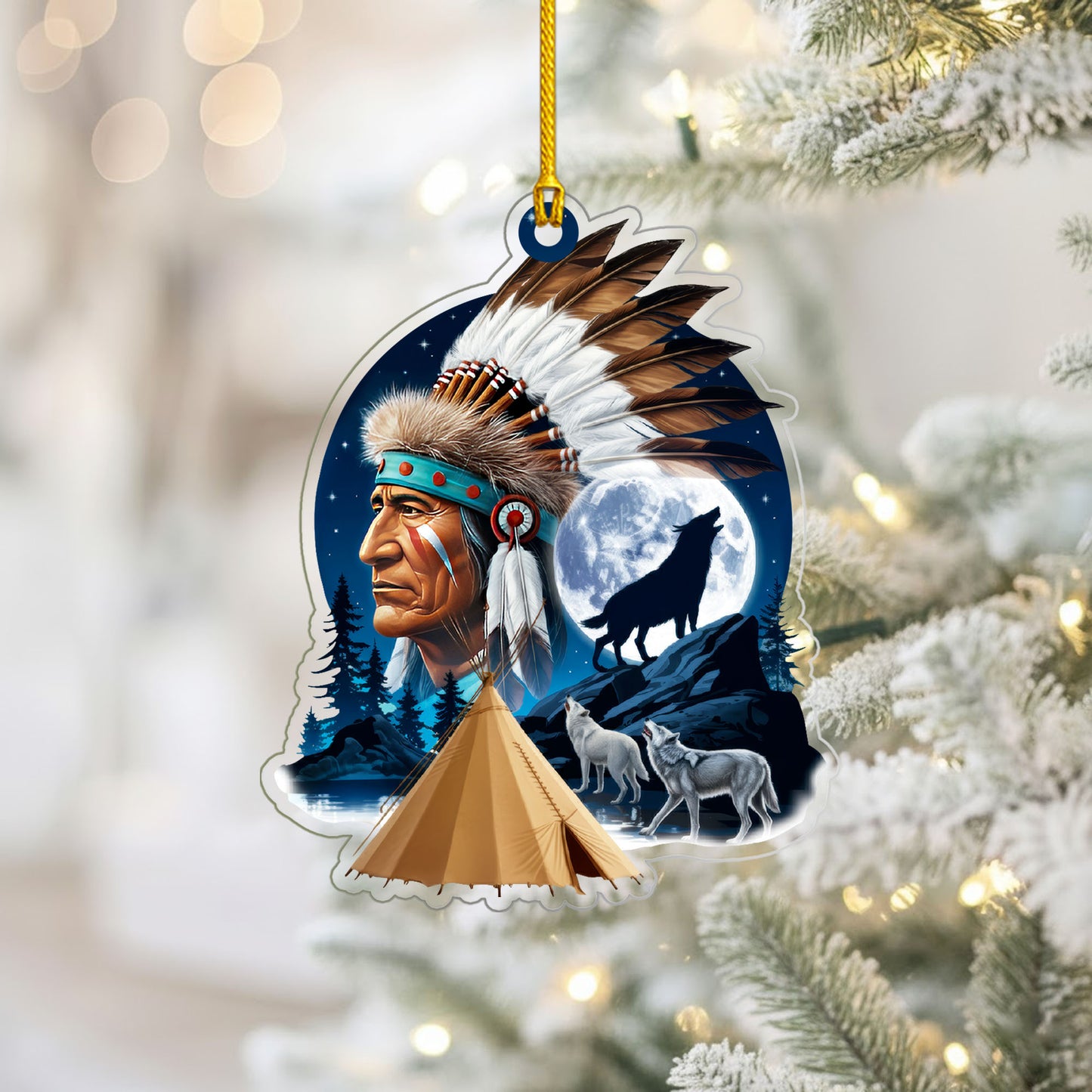 Native American Chief & Wolves Under Full Moon - Tribal Christmas Tree Decor Flat Acrylic