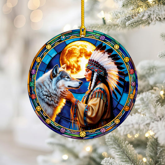 Native American Woman and Wolf Full Moon Christmas Tree Decor Flat Acrylic