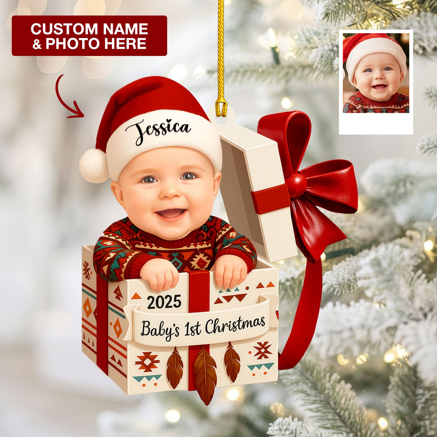 Personalized Baby’s First Christmas Ornament 2025 with Custom Name & Photo