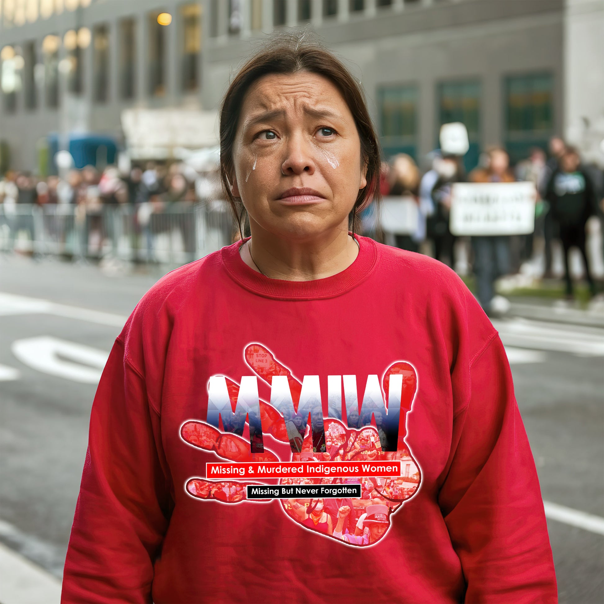 a woman in a red shirt standing on a street