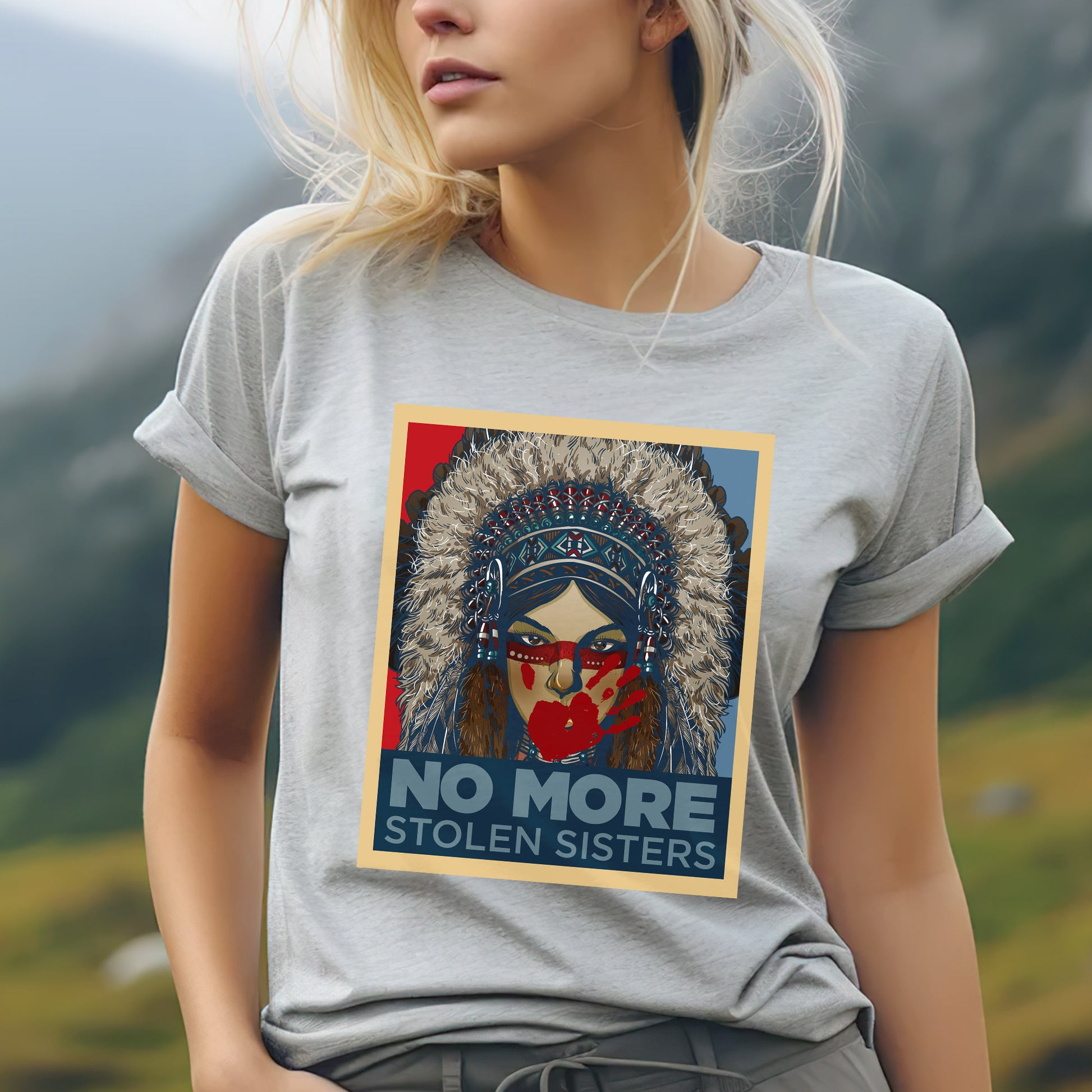 a woman wearing a t - shirt that says no more stolen sisters