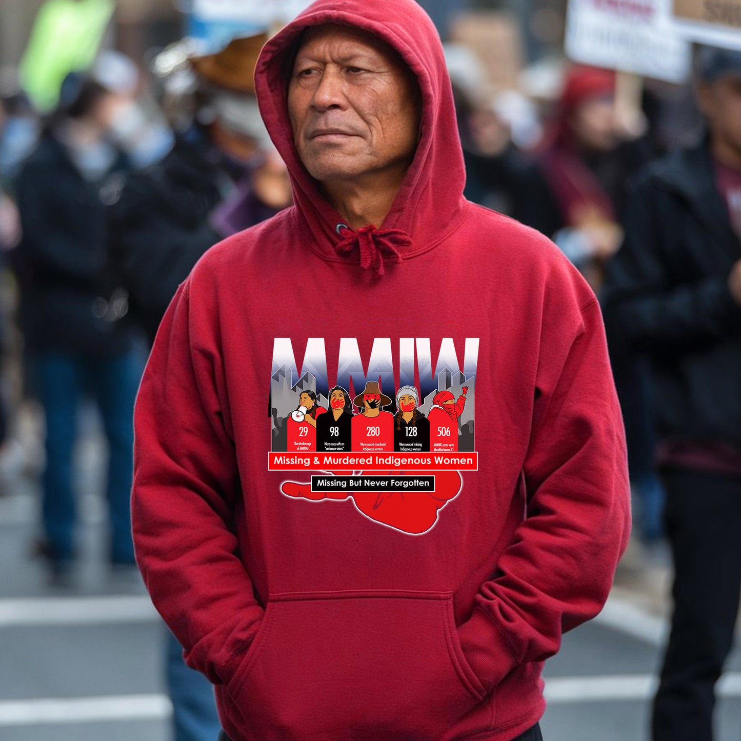 a man in a red hoodie stands in front of a crowd