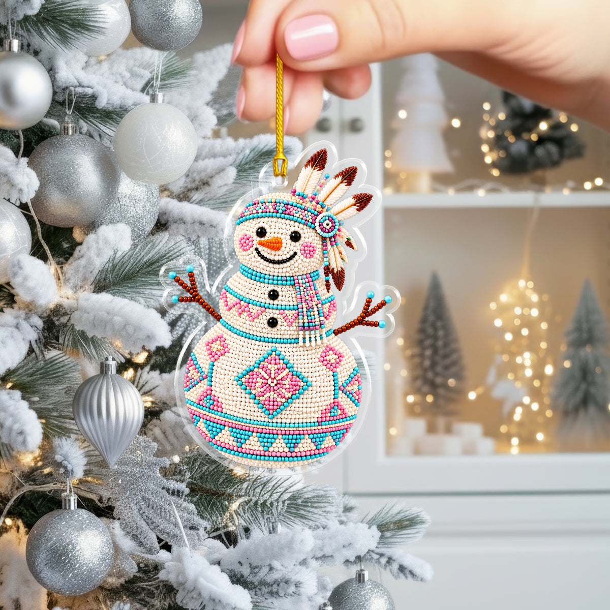 Native Snowman Christmas Acrylic Ornament, Beaded Style Decor