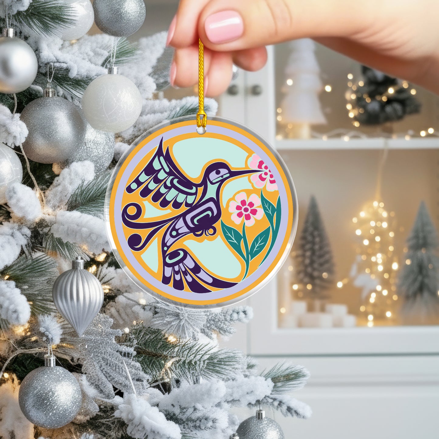 Hummingbird Spirit Acrylic Ornament, Indigenous Inspired Artwork Window Hanging Decor