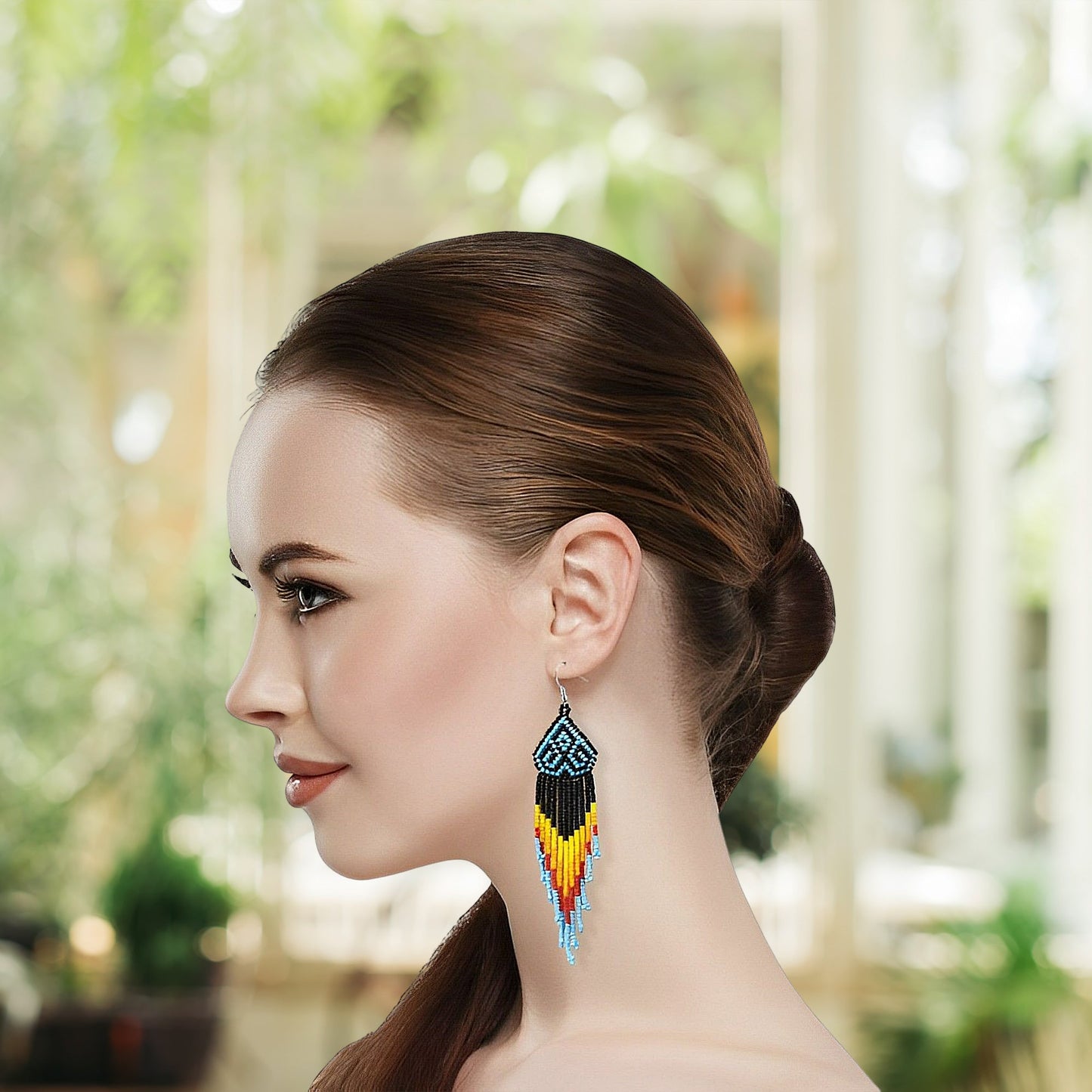 Black Multicolored Long Pattern Beaded Handmade Earrings For Women