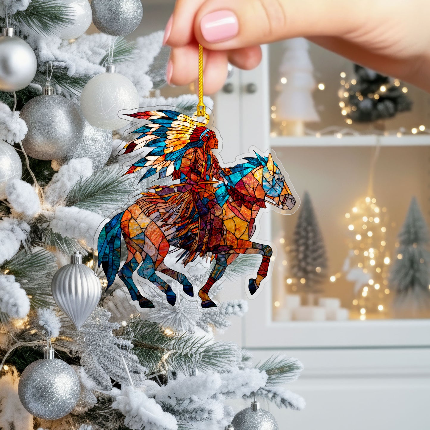 Native American Horse Rider Indigenous Warrior Christmas Tree Decor Flat Acrylic