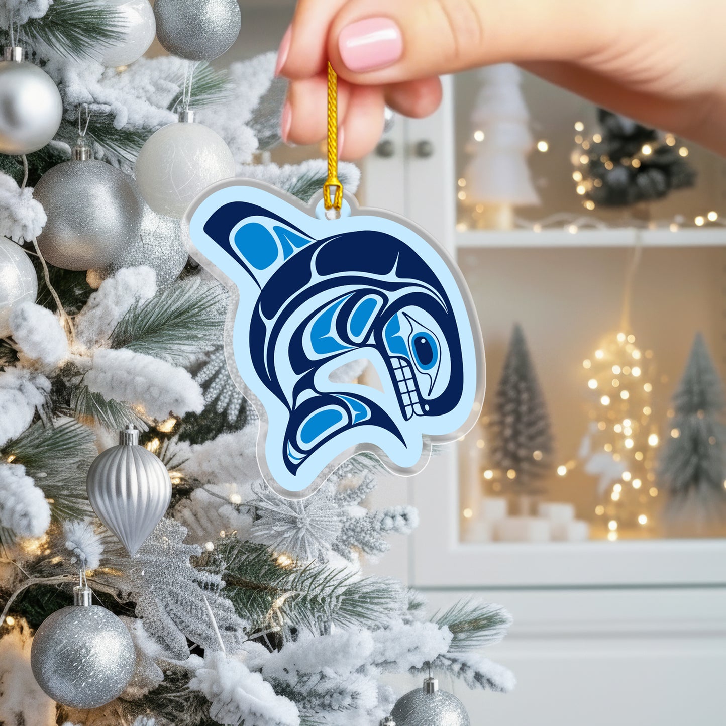 Orca Acrylic Ornament, Indigenous Inspired Ocean Art Whale Spirit Gift Home Decor