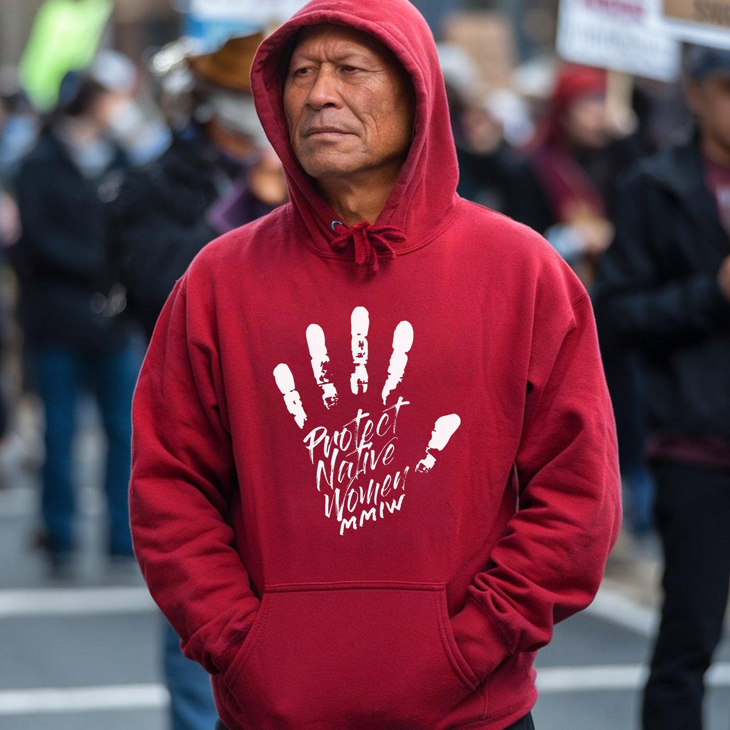 a man wearing a red hoodie with a hand print on it