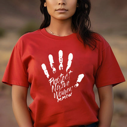 a woman wearing a red t - shirt with a hand print